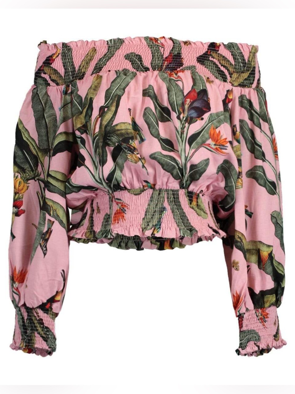 PatBo Smocked Off-Shoulder Tropical Crop Top - Pink